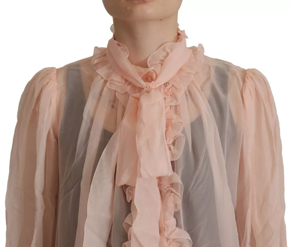 Dolce &amp; Gabbana Light Pink Silk Ascot Collar Long Sleeve Top