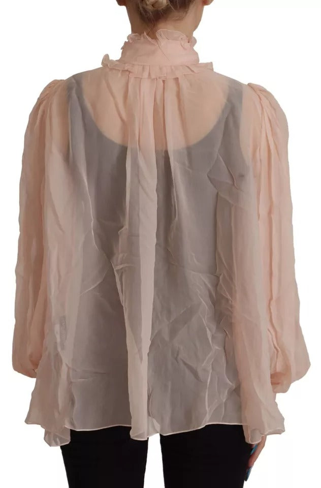 Dolce &amp; Gabbana Light Pink Silk Ascot Collar Long Sleeve Top