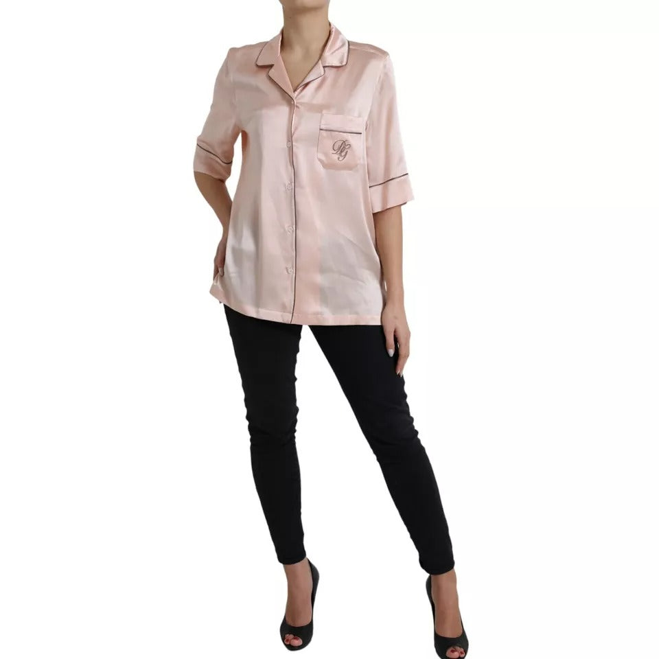 Dolce &amp; Gabbana Pink Silk Long Sleeve Logo Pajama Blouse Top