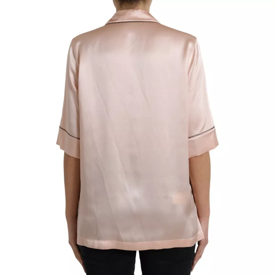 Dolce &amp; Gabbana Pink Silk Long Sleeve Logo Pajama Blouse Top