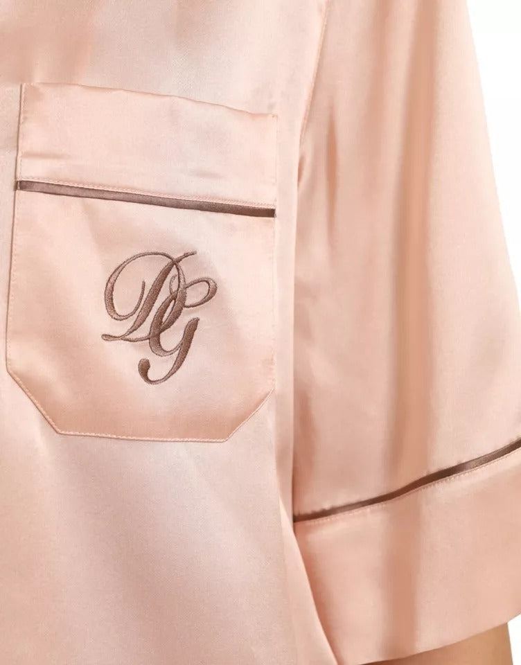 Dolce &amp; Gabbana Pink Silk Long Sleeve Logo Pajama Blouse Top