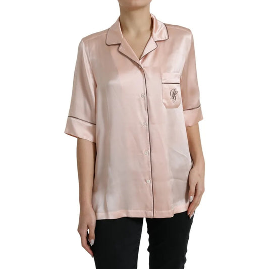 Dolce &amp; Gabbana Pink Silk Long Sleeve Logo Pajama Blouse Top