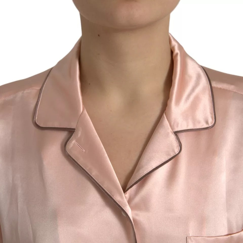 Dolce &amp; Gabbana Pink Silk Long Sleeve Logo Pajama Blouse Top