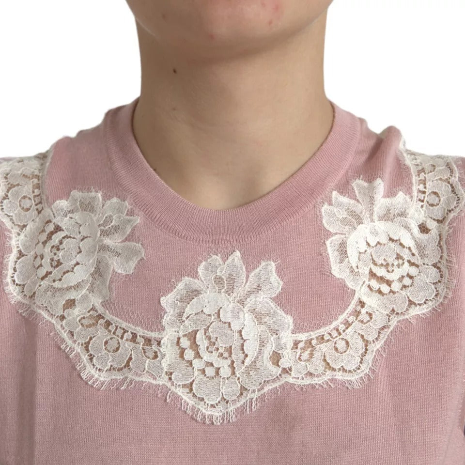 Dolce &amp; Gabbana Pink Cashmere Lace Trim Sleeveless Tank Top