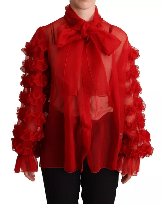 Dolce &amp; Gabbana Red Silk Ascot Collar Ruffle Blouse Top