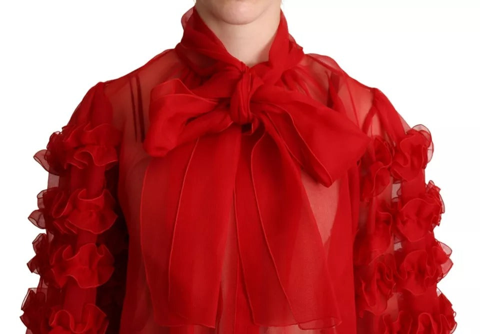 Dolce &amp; Gabbana Red Silk Ascot Collar Ruffle Blouse Top