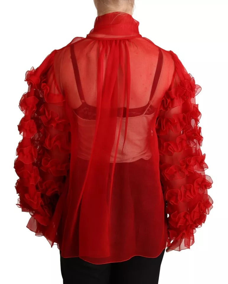 Dolce &amp; Gabbana Red Silk Ascot Collar Ruffle Blouse Top