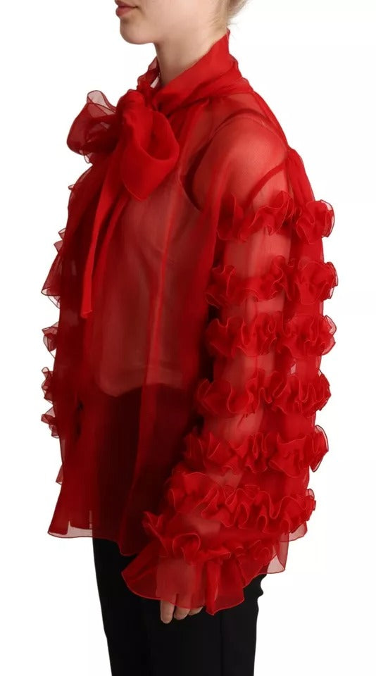 Dolce &amp; Gabbana Red Silk Ascot Collar Ruffle Blouse Top