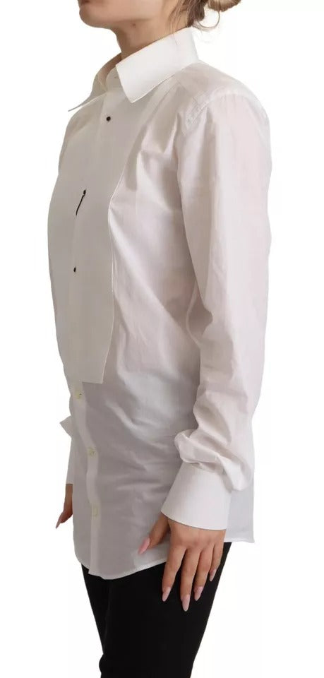 Dolce &amp; Gabbana White Cotton Dress Long Sleeve Shirt Collar Top