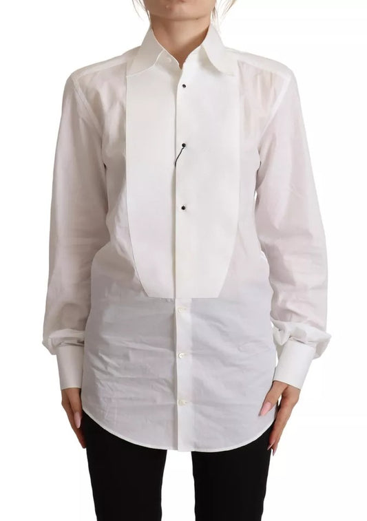 Dolce &amp; Gabbana White Cotton Dress Long Sleeve Shirt Collar Top