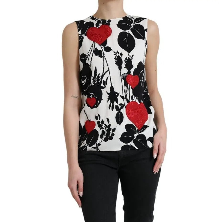 Dolce &amp; Gabbana White Tank Top with Rose Pattern and Heart Embroidery