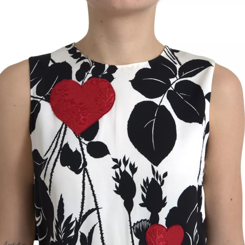 Dolce &amp; Gabbana White Tank Top with Rose Pattern and Heart Embroidery