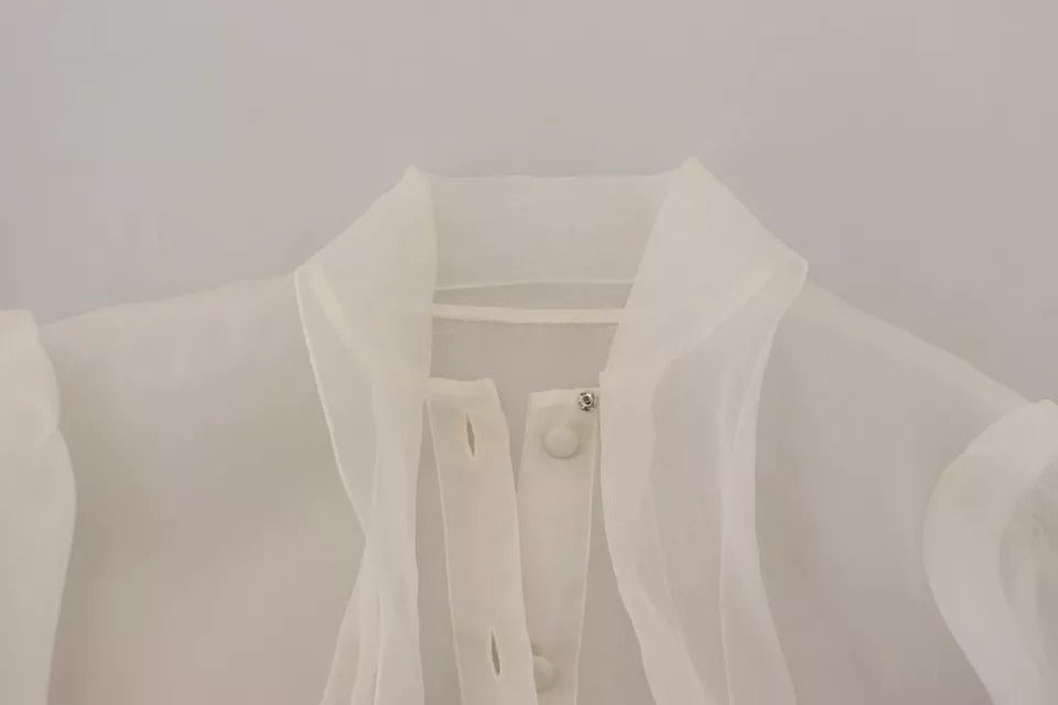 Dolce &amp; Gabbana White blouse top with ascot collar and long sleeves