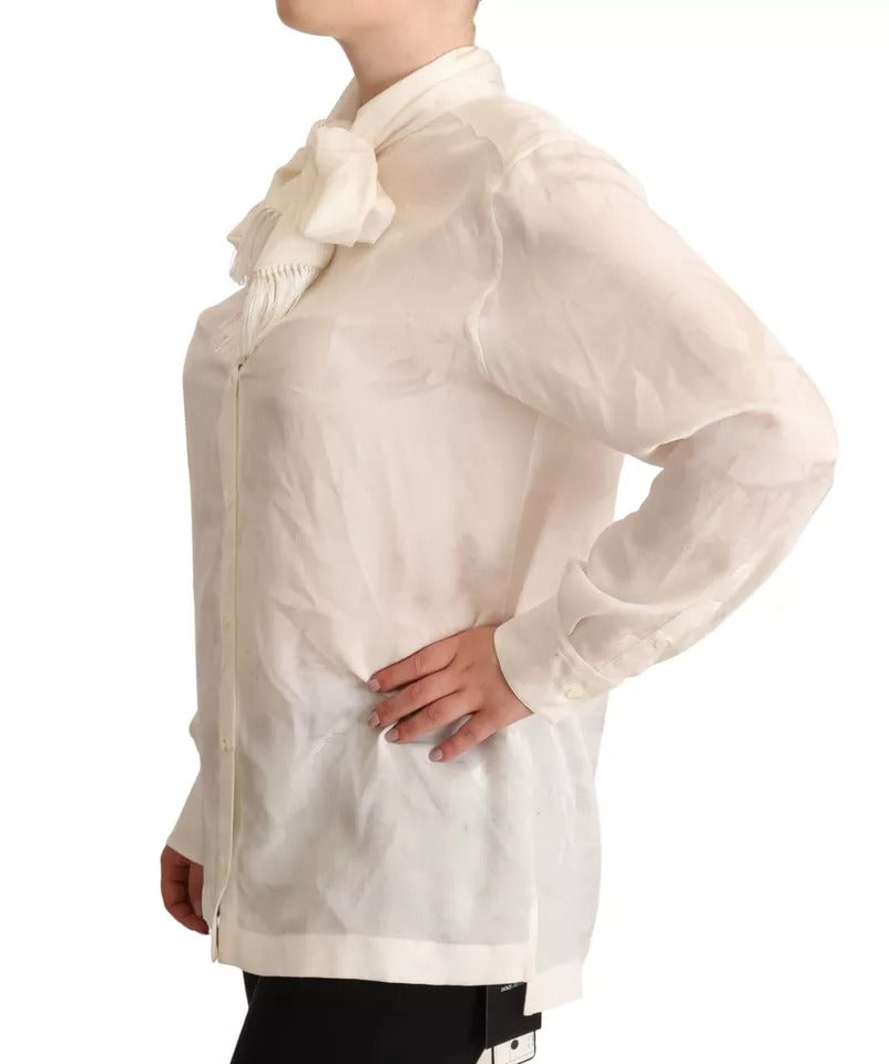 Dolce &amp; Gabbana White Blouse Ascot Collar Shirt Silk Button Down