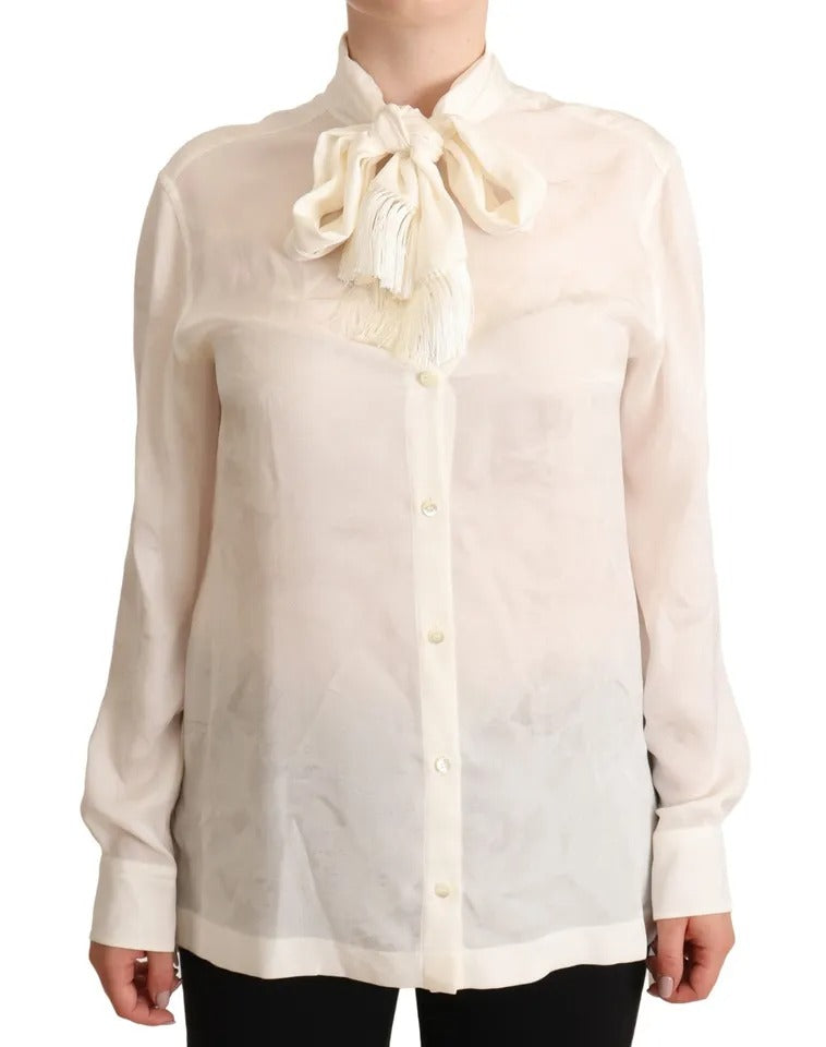 Dolce &amp; Gabbana White Blouse Ascot Collar Shirt Silk Button Down