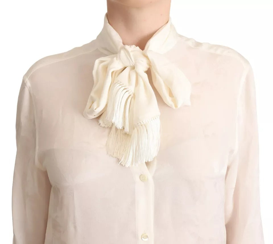 Dolce &amp; Gabbana White Blouse Ascot Collar Shirt Silk Button Down