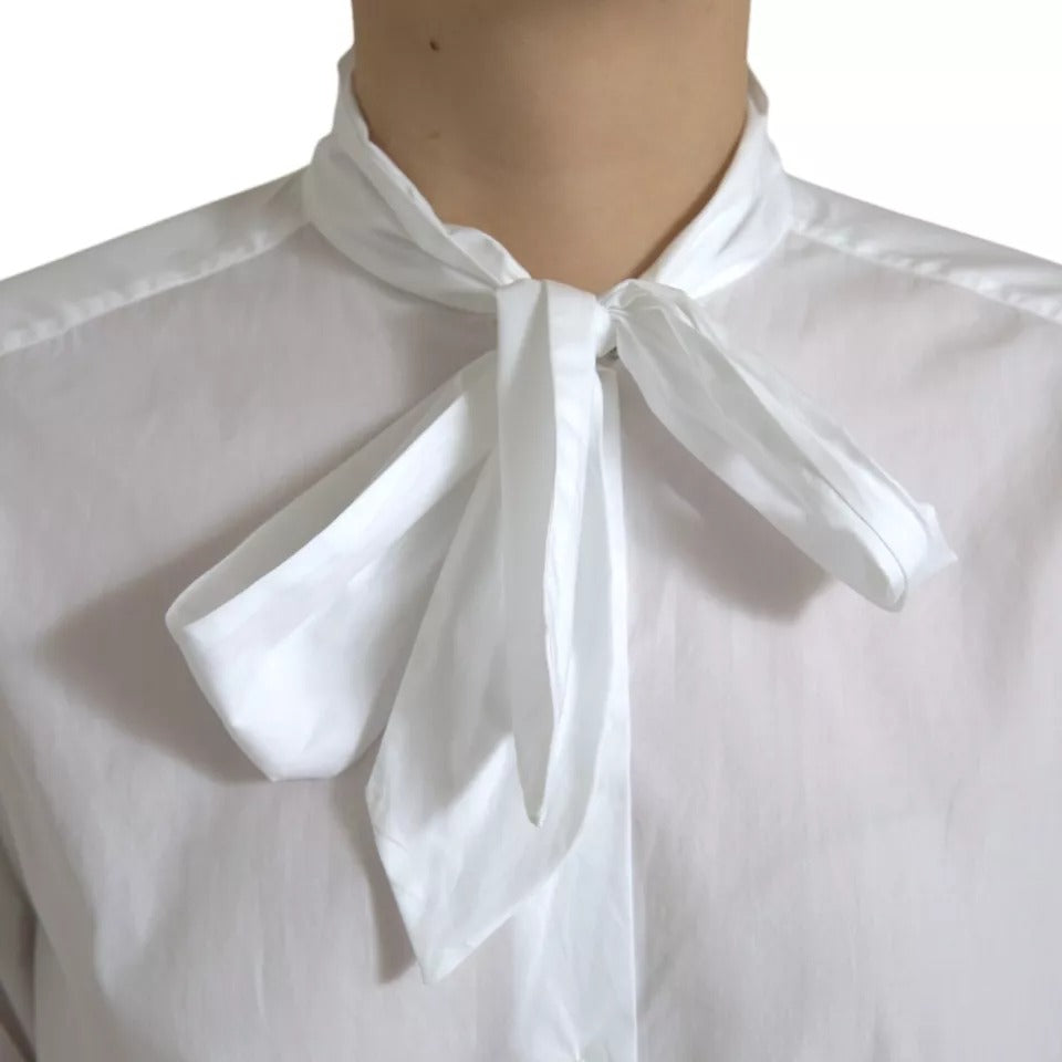 Dolce &amp; Gabbana White cotton top with ascot collar and long sleeves