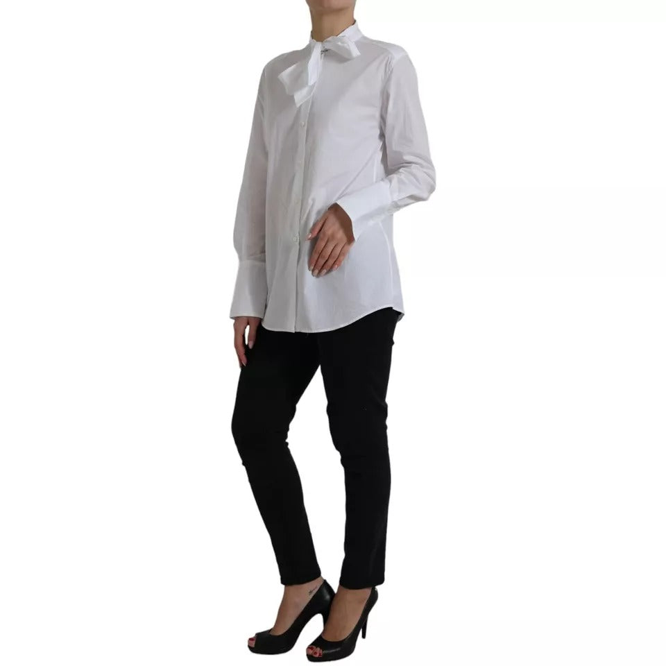 Dolce &amp; Gabbana White cotton top with ascot collar and long sleeves