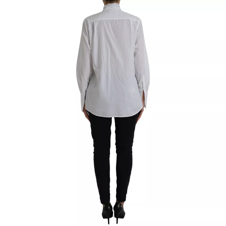 Dolce &amp; Gabbana White cotton top with ascot collar and long sleeves