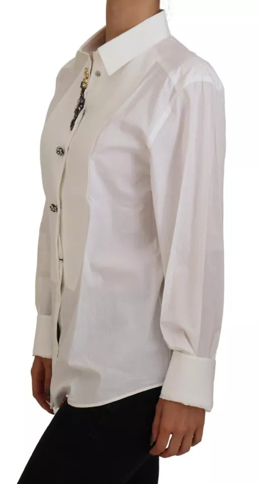 Dolce &amp; Gabbana White Cotton Shirt with Crystal Embellished Top