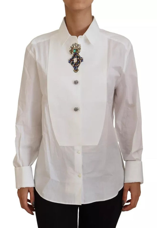 Dolce &amp; Gabbana White Cotton Shirt with Crystal Embellished Top