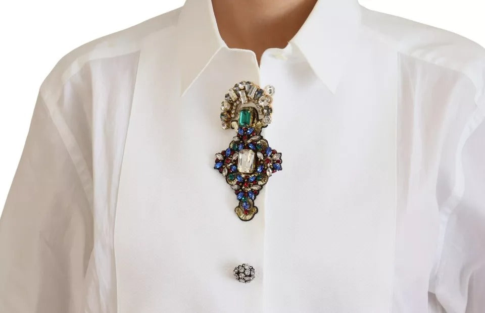 Dolce &amp; Gabbana White Cotton Shirt with Crystal Embellished Top