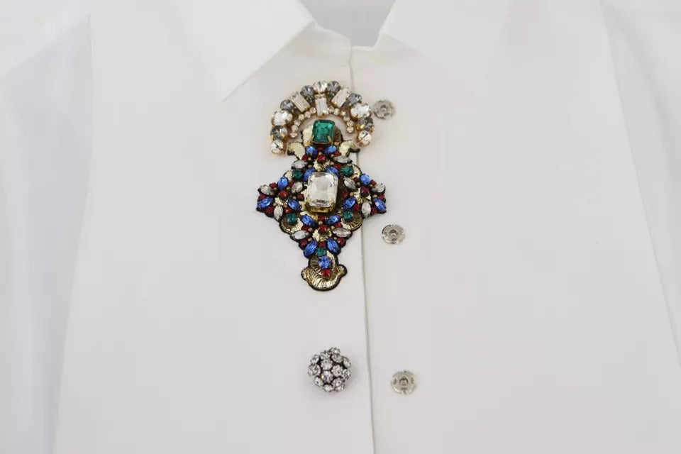 Dolce &amp; Gabbana White Cotton Shirt with Crystal Embellished Top