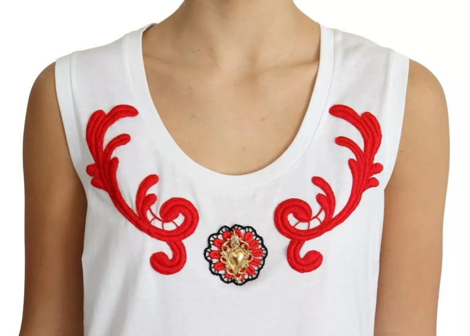 Dolce &amp; Gabbana White sleeveless cotton tank top with heart appliqué