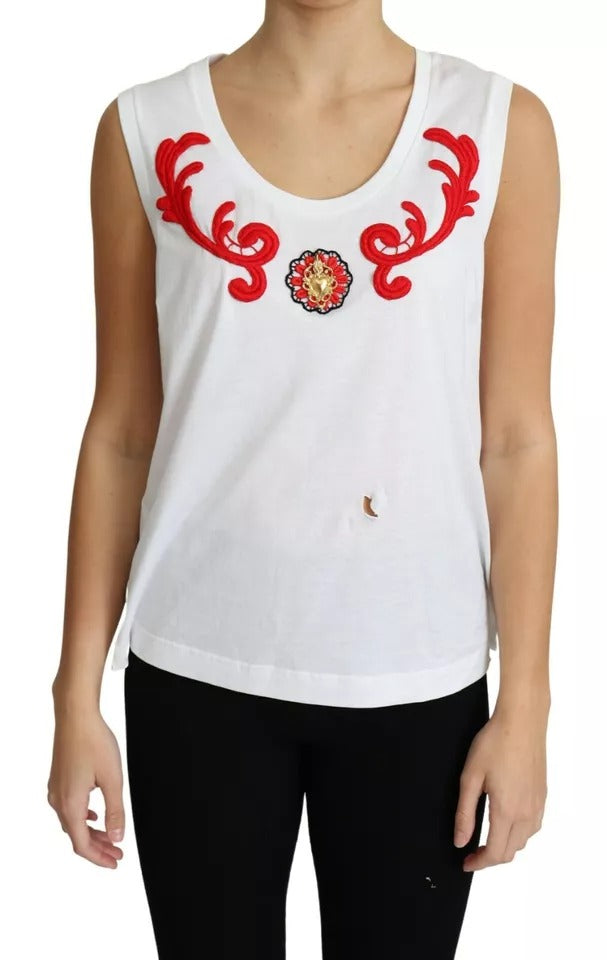 Dolce &amp; Gabbana White sleeveless cotton tank top with heart appliqué