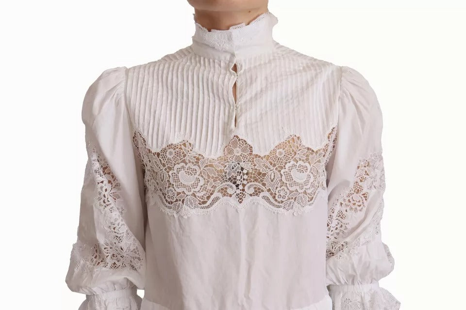 Dolce &amp; Gabbana White cotton turtleneck blouse top with lace trim