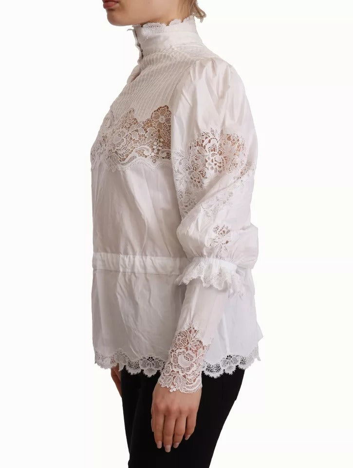 Dolce &amp; Gabbana White cotton turtleneck blouse top with lace trim