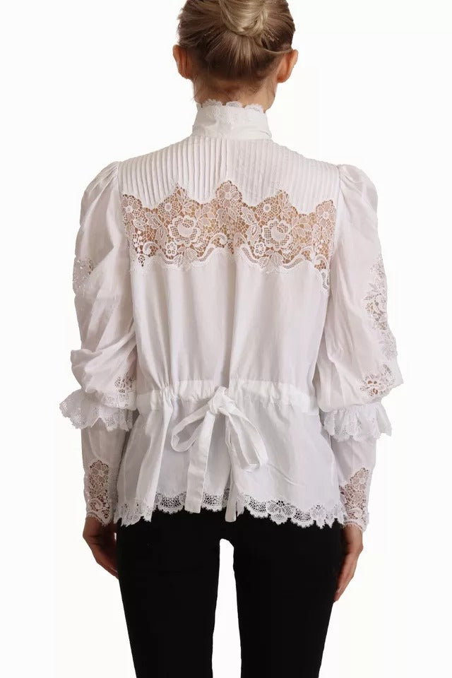 Dolce &amp; Gabbana White cotton turtleneck blouse top with lace trim