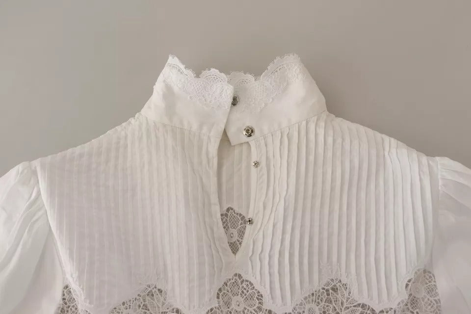 Dolce &amp; Gabbana White cotton turtleneck blouse top with lace trim