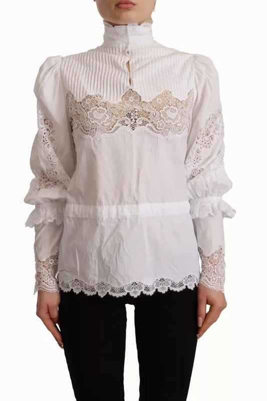 Dolce &amp; Gabbana White cotton turtleneck blouse top with lace trim