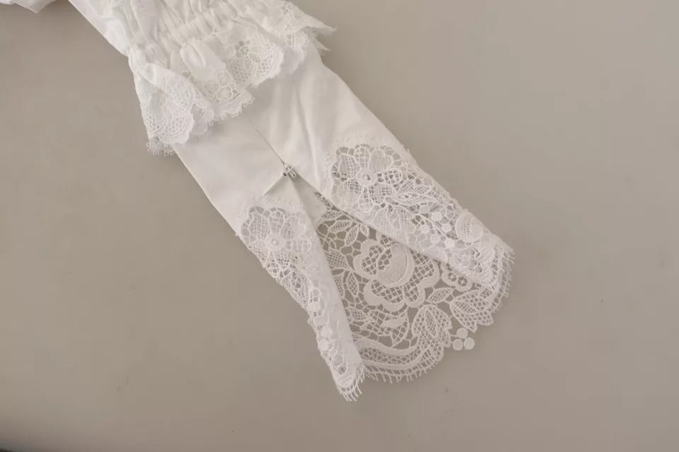 Dolce &amp; Gabbana White cotton turtleneck blouse top with lace trim