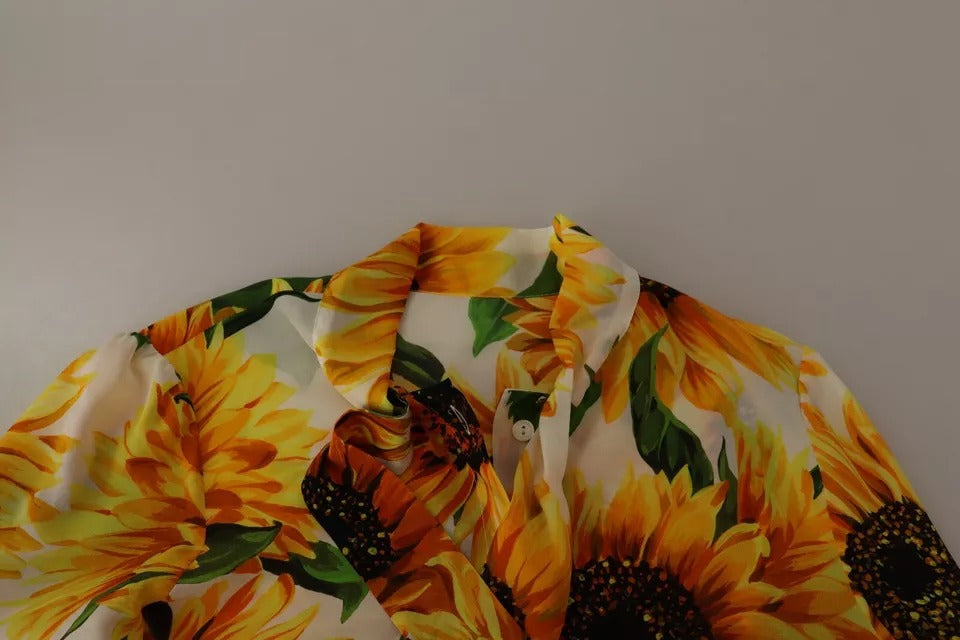 Dolce &amp; Gabbana White Sunflower Silk Blouse Top with Ascot Collar