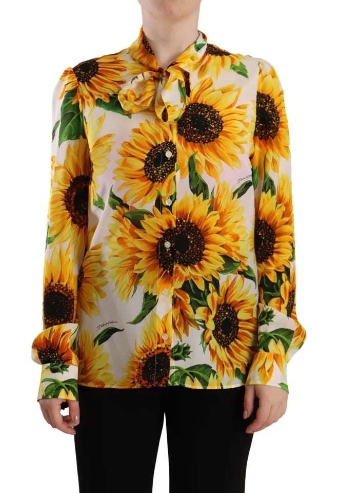 Dolce &amp; Gabbana White Sunflower Silk Blouse Top with Ascot Collar