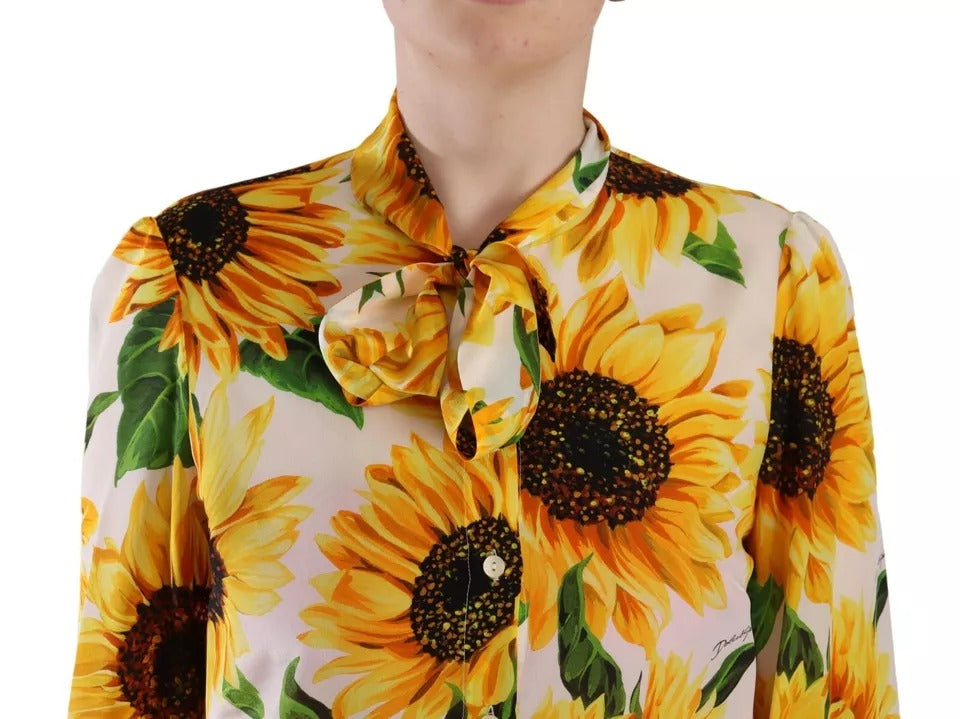 Dolce &amp; Gabbana White Sunflower Silk Blouse Top with Ascot Collar