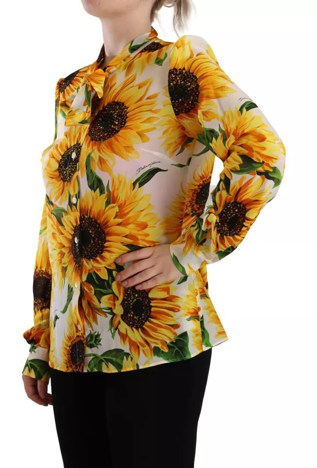 Dolce &amp; Gabbana White Sunflower Silk Blouse Top with Ascot Collar