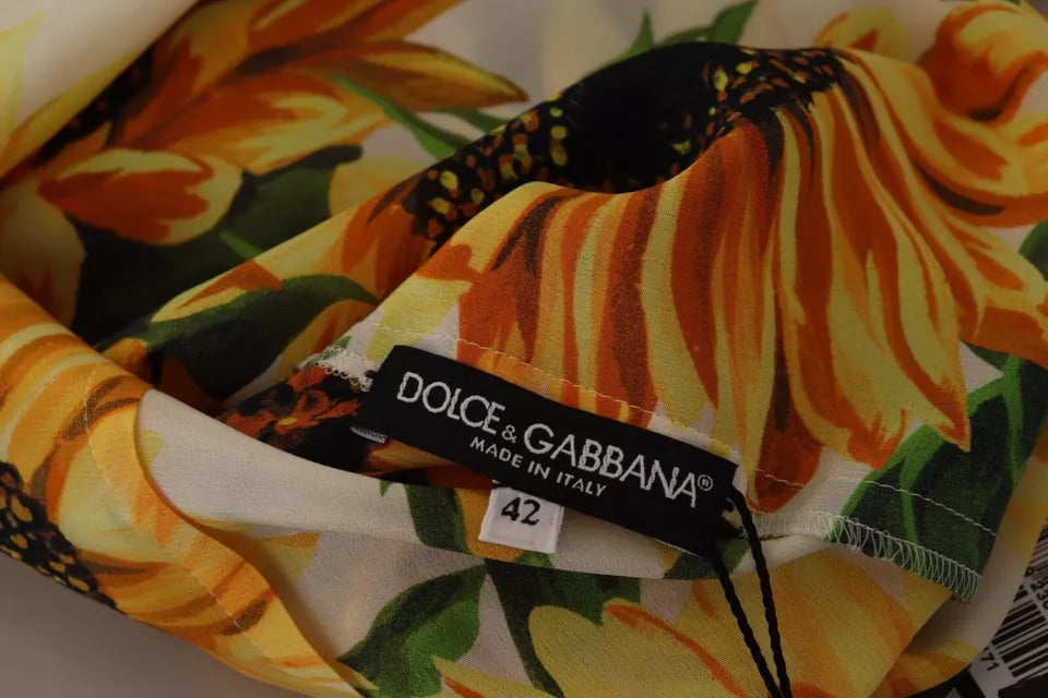 Dolce &amp; Gabbana White Sunflower Silk Blouse Top with Ascot Collar