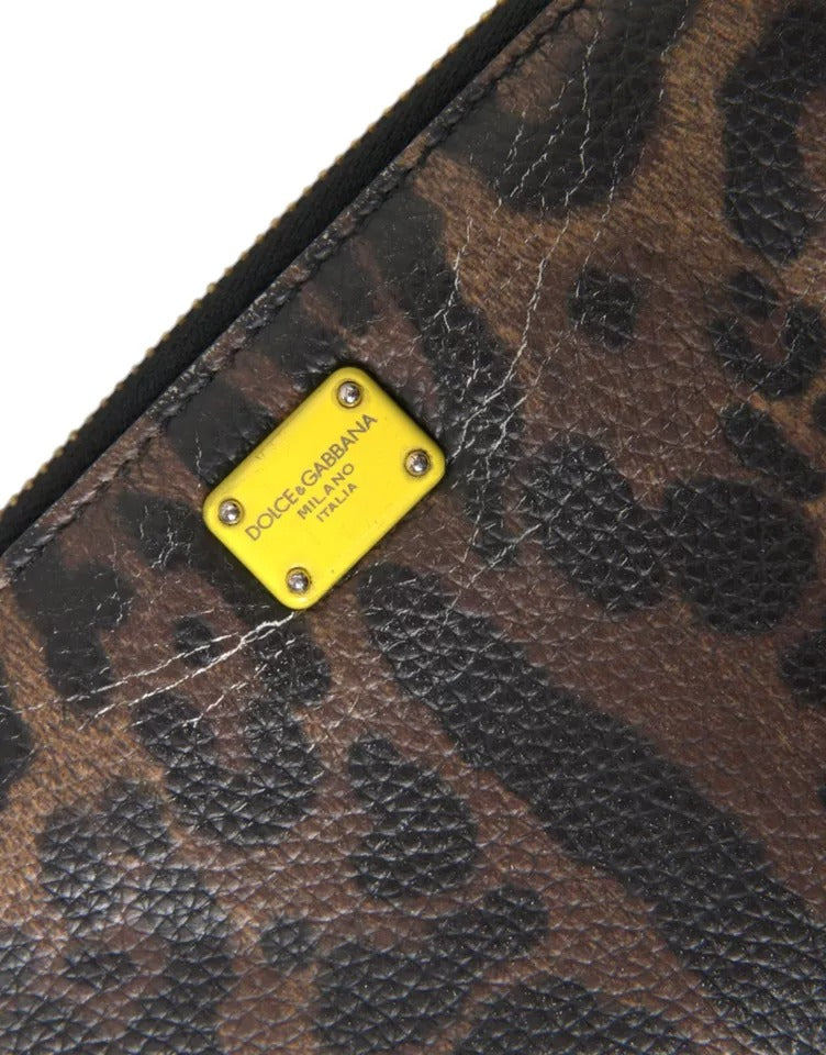 Dolce &amp; Gabbana Brown Leopard Leather DG Zip Around Continental Wallet