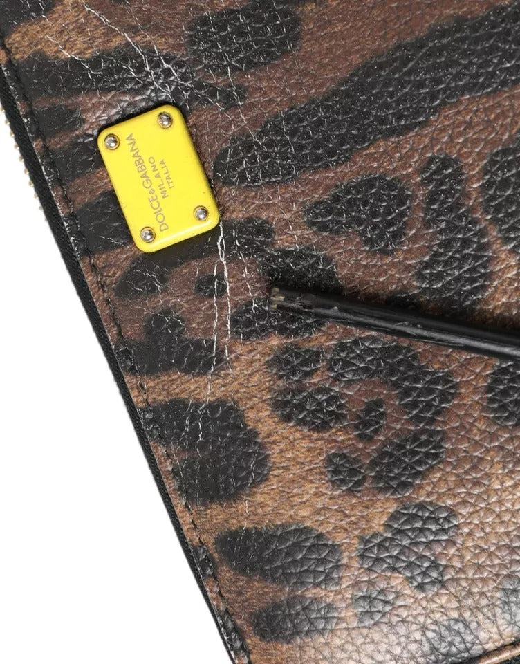 Dolce &amp; Gabbana Brown Leopard Leather DG Zip Around Continental Wallet