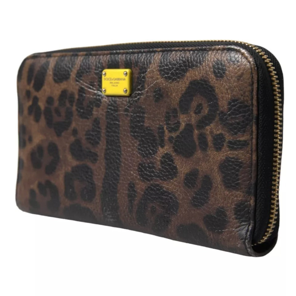 Dolce &amp; Gabbana Brown Leopard Leather DG Zip Around Continental Wallet