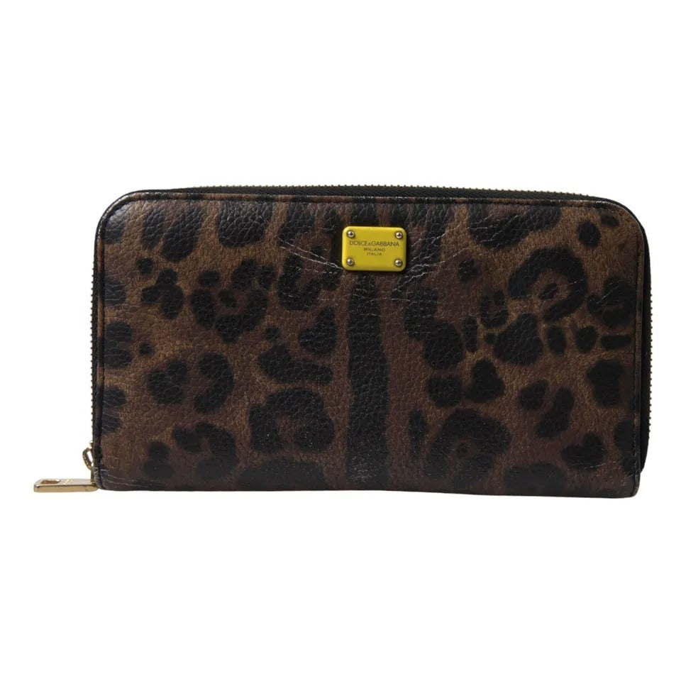 Dolce &amp; Gabbana Brown Leopard Leather DG Zip Around Continental Wallet