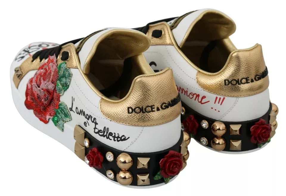 Dolce &amp; Gabbana White Roses Sequins Crystal Women Sneakers Shoes