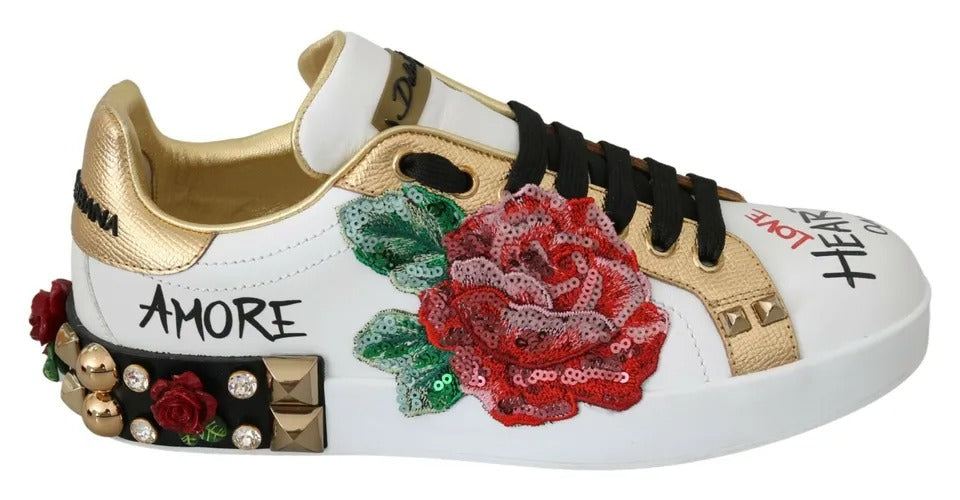 Dolce &amp; Gabbana White Roses Sequins Crystal Women Sneakers Shoes