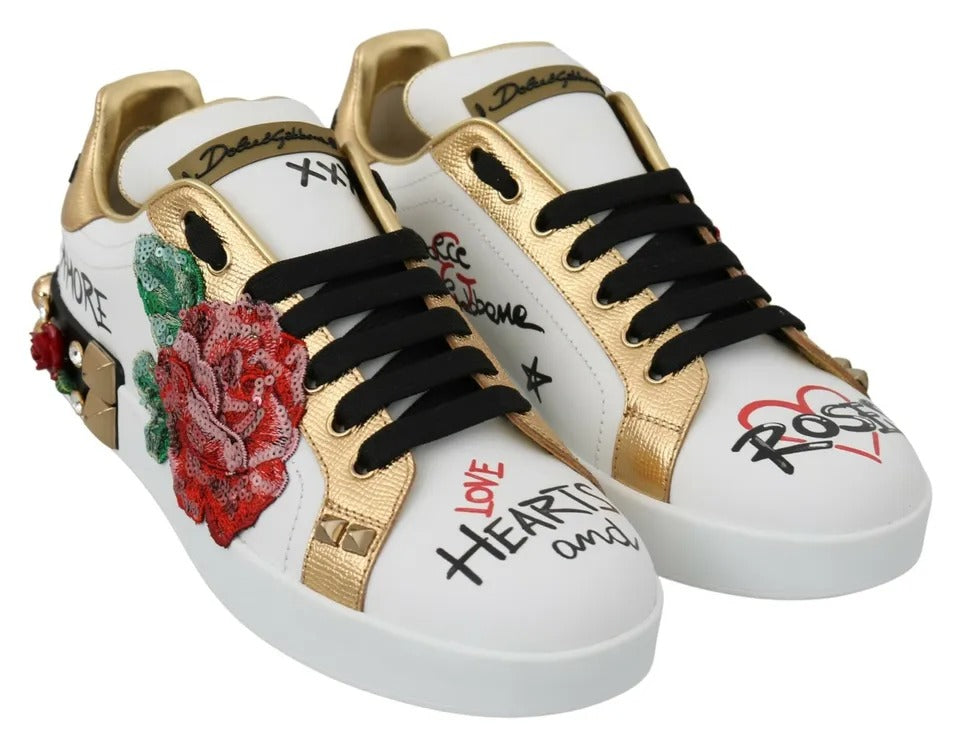 Dolce &amp; Gabbana White Roses Sequins Crystal Women Sneakers Shoes