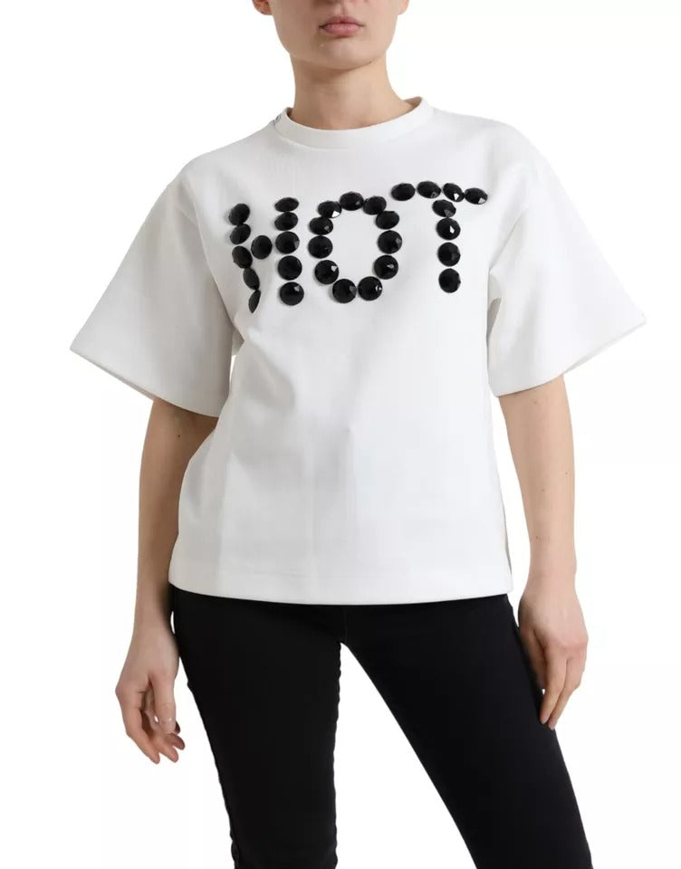 Dolce &amp; Gabbana White Cotton Stretch T-Shirt Black HOT Crystal