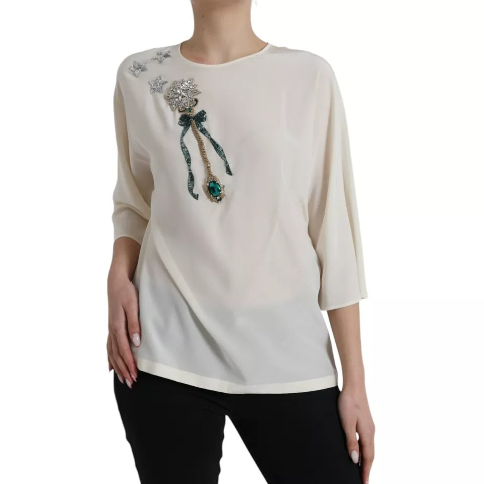 Dolce &amp; Gabbana White Silk Crystal 3/4 Sleeve Blouse Top