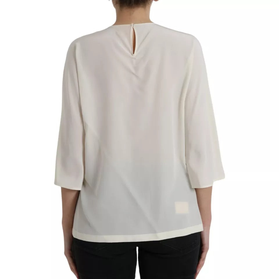 Dolce &amp; Gabbana White Silk Crystal 3/4 Sleeve Blouse Top